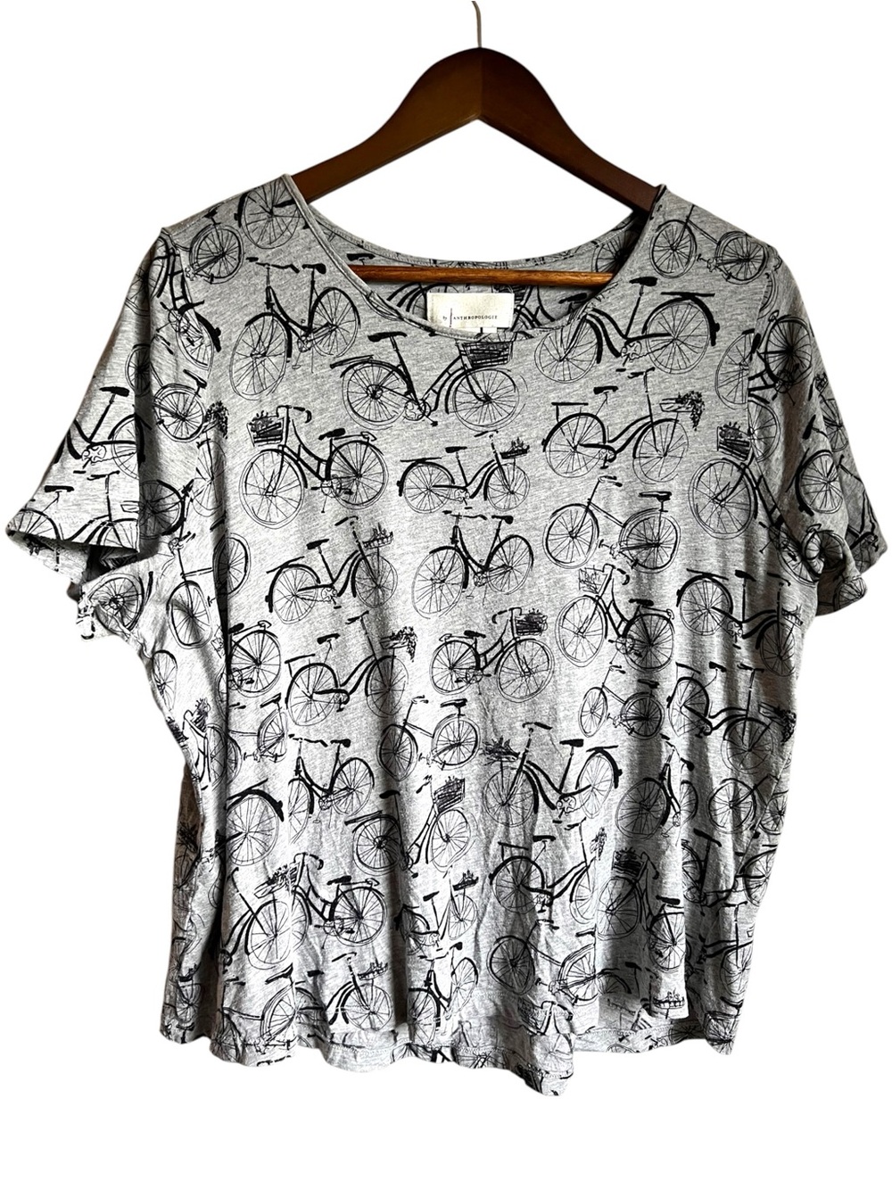 Anthropologie Womens XL Weekend Tee Bicycles Print Cotton Gray Whimsical Novlety